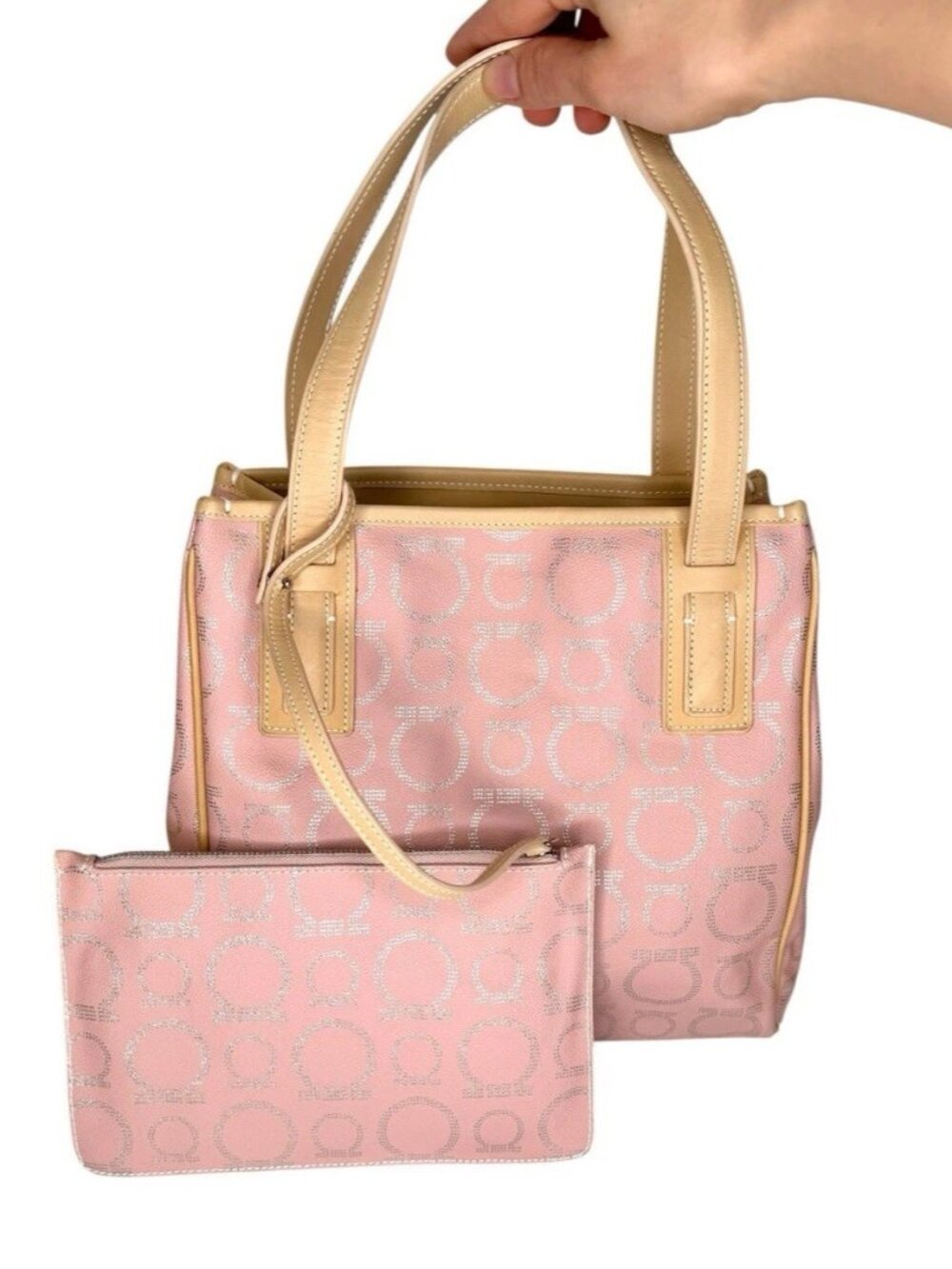 Salvatore Ferragamo Pink Beige Silver Signature Coated Canvas Leather Tote Bag